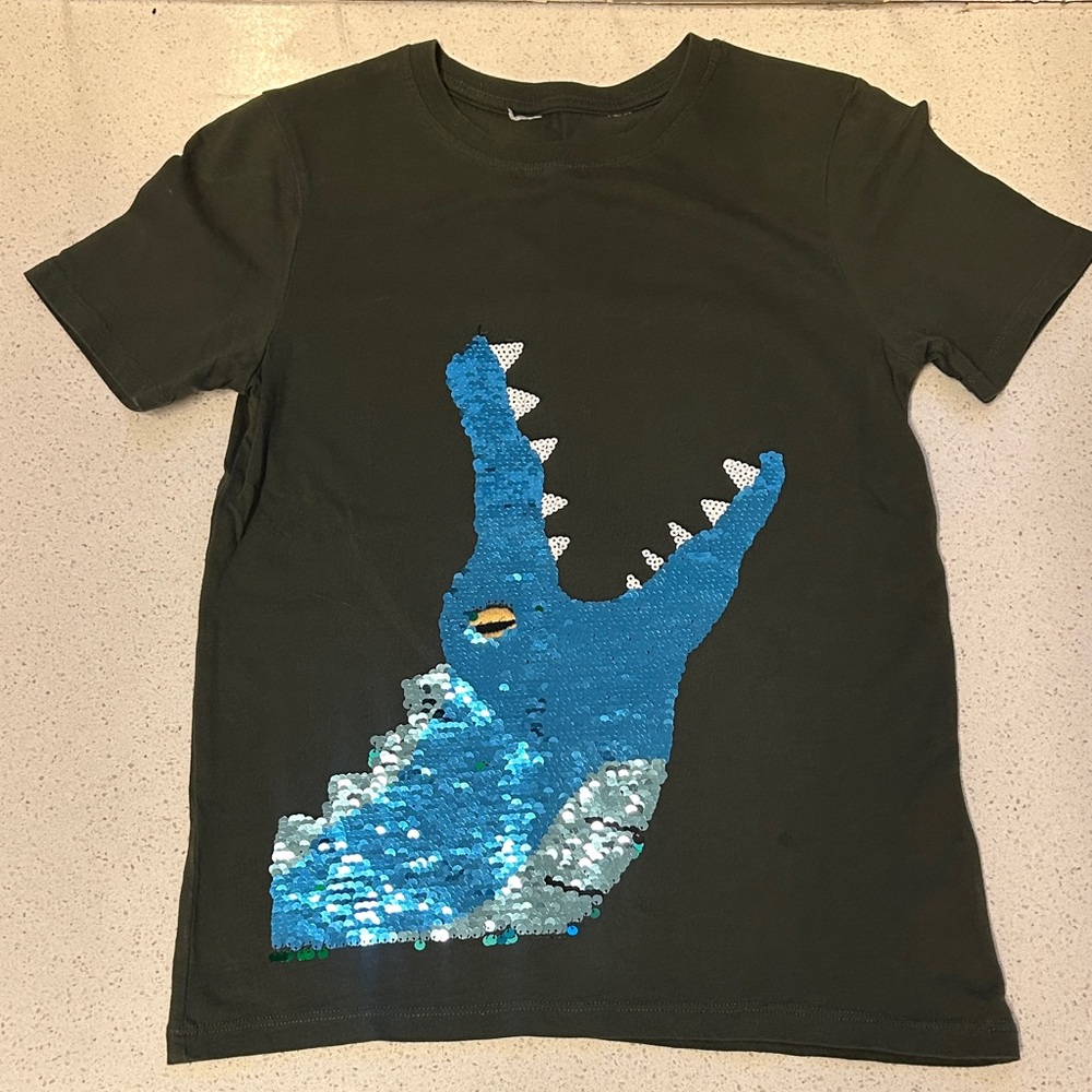 H&M Black Tee with Blue Sequin Crocodile